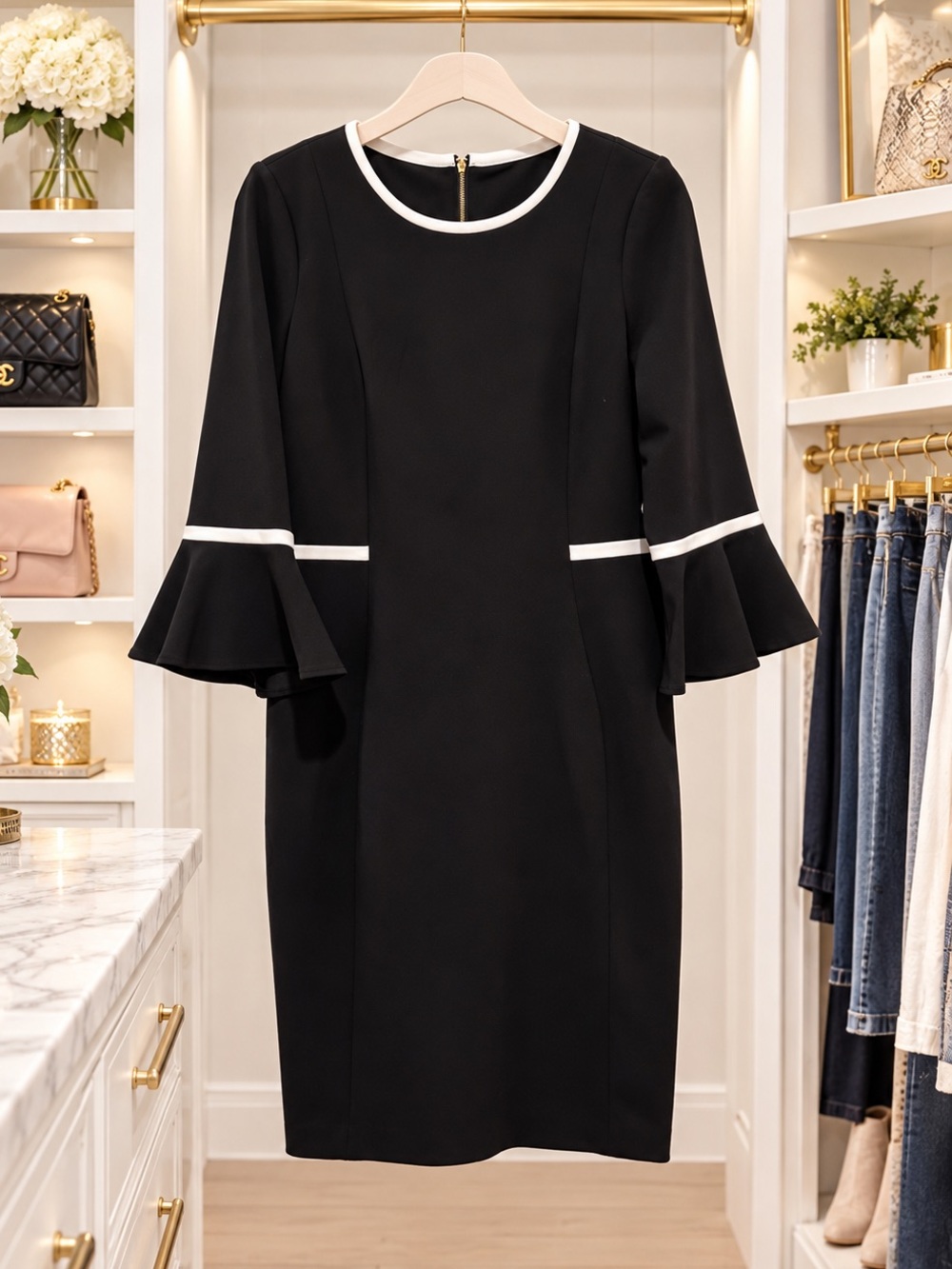 NWOT Calvin Klein Black Midi Dress with White Trim and 3/4 Length Bell Sleeves